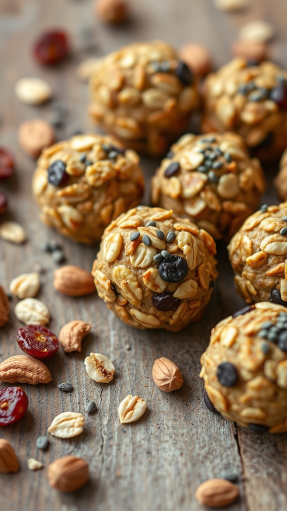 Healthy crunchy snack bites made from nuts and oats on a wooden surface.